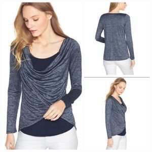 🔺️WHBM Blue & Metallic Silver Cowl Neck Draped Long Sleeve Top Small